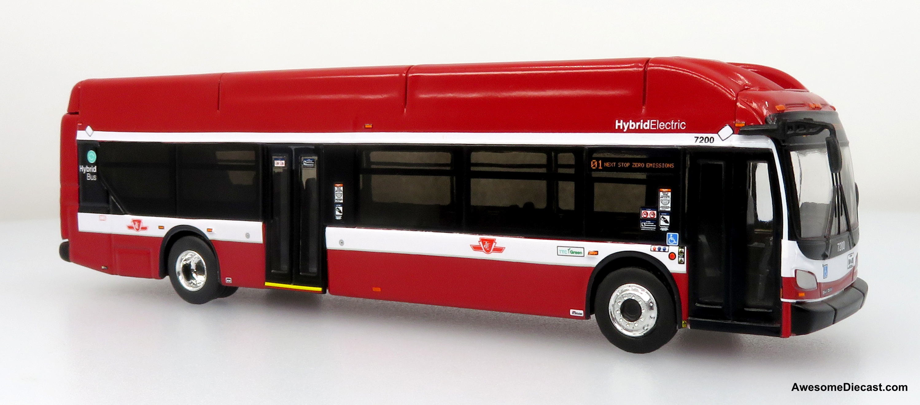 What is the destination displayed on the model bus?