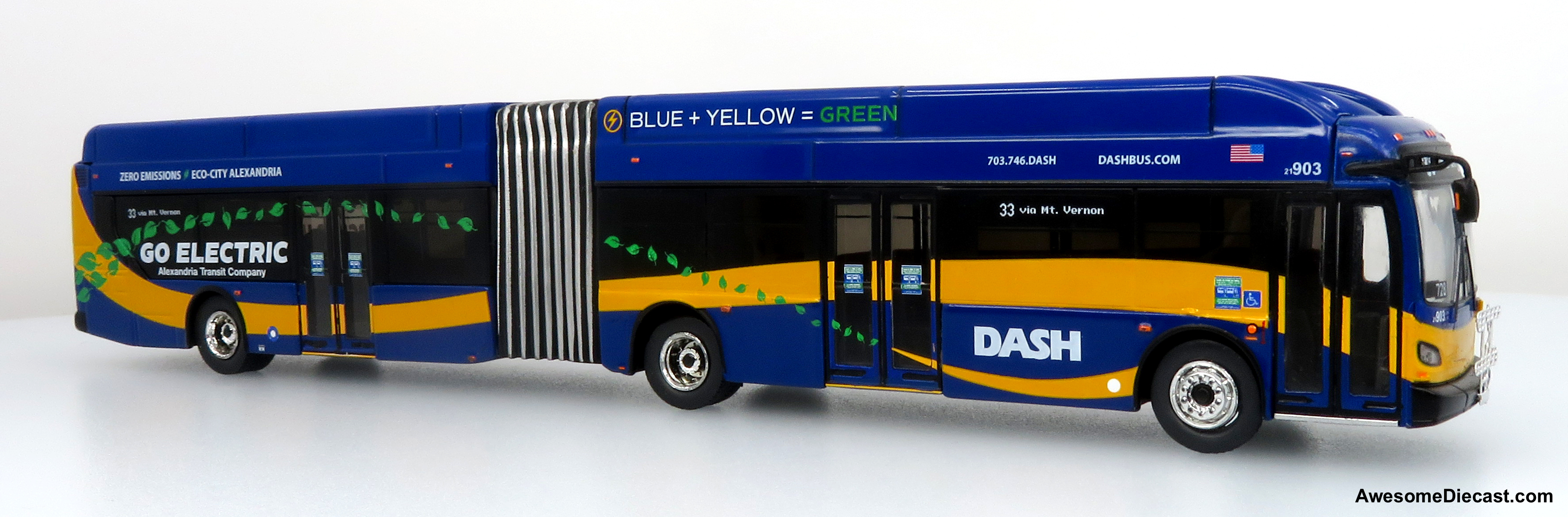 What is the destination displayed on the model bus?